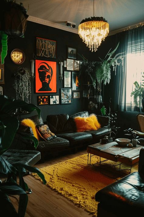 Colorful Goth Living Room, Moody Electric Interior, Industrial Pop Art Interior, Whimsigoth Living Room Aesthetic, Dark Blue Moody Living Room, Cozy Gothic Living Room, Grunge Interior Design, Eclectic Maximalism Living Room, Dark Apartment Aesthetic