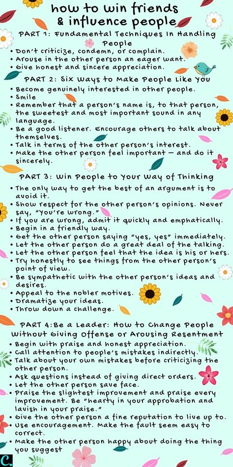 How to win friends and influence people #infographic #dalecarnegie #personaldevelopment #successmindset Proscatinating Quotes, How To Influence People Psychology, How To Win Friends And Influence People Summary, How To Socialize With People, How To Win Friends And Influence People, People Infographic, Influence People, How To Influence People, Good Listener