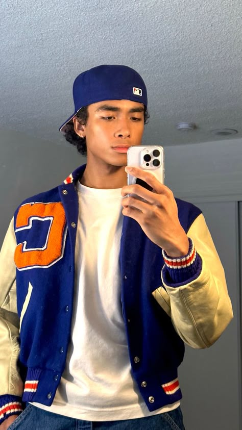 Wearing a vintage blue letterman jacket, a Uniqlo airism t-shirt, and an LA Dodgers fitted hat La Dodgers Hat Outfit Men, Dodgers Hat Outfit Men, Blue Hat Outfit Men, La Dodgers Hat Outfit, Dodgers Hat Outfit, Blue Hat Outfit, La Hat Outfit, Jaymin Khansmith, French Hat Outfit