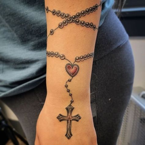 Bead Tattoo, Rosary Tattoo Wrist, Rosary Tattoo On Hand, Emerald Tattoo, Tattoo Armband, Rosary Bead Tattoo, Cross Tattoo On Hand, Tattoo Cross, Tattoo Leggings