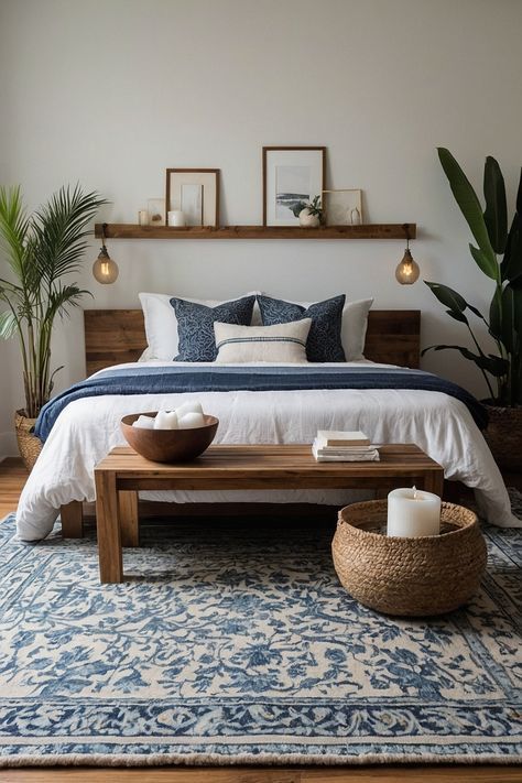 Blue Accent Master Bed, Bedroom Idea Colors, Navy Blue And Natural Wood Bedroom, Bedding Ideas Navy Blue, Blue Cabin Bedroom, Interior Design Primary Bedroom, Small Rectangle Room Ideas Bedrooms, Blue Airy Bedroom, Airbnb Rooms Ideas