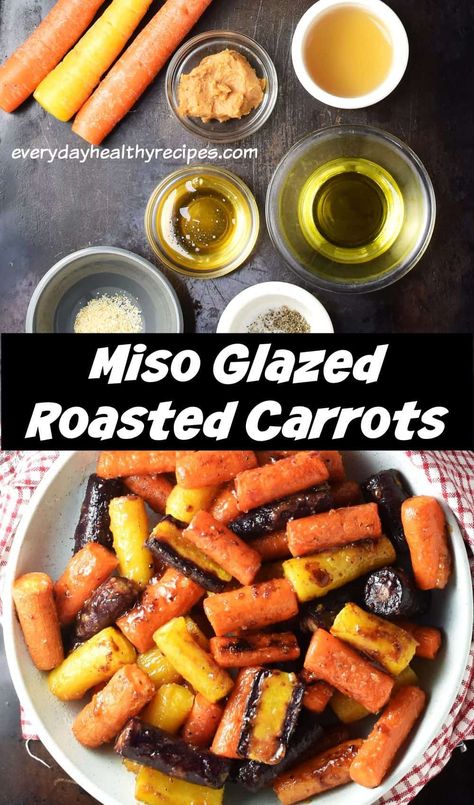 Top down view of miso glazed carrots ingredients and roasted miso carrots in bowl. Japanese Carrots, Miso Carrots, Miso Glazed Carrots, Roasting Carrots, Glazed Roasted Carrots, Thanksgiving Lunch, Roasted Carrots Recipe, Honey Roasted Carrots, Miso Glaze