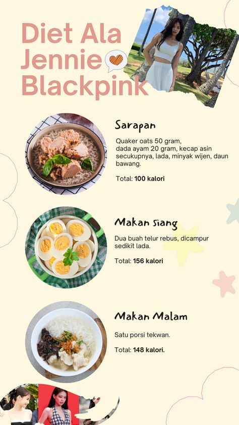 Siapa yang gamau punya badan ideal? Aku punya tips nih dari Jennie buat kamu yang mau diet! #dietplan #dietandnutrition #jennierubyjane #dietandhealthyeating #jennie #blackpink Diet Korean Plan, Blackpink Jennie Diet Plan, Jennie Diet Meal Plan, Blackpink Diet Plan, Korean Diet Meal Plan Kpop, Jennie Diet Plan, Korean Dieting Tips, Tips Diet Sehat, Blackpink Diet