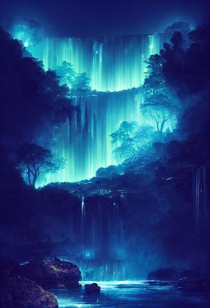 Fantasy of neon waterfall in deep forest... | Premium Photo #Freepik #photo #enchanted #fantastic #fantasy #water-fall Magical Forest Waterfall, Fantasy Waterfall Art, Fantasy Glowing Forest, Water Fantasy World, Fantasy Bioluminescent Forest, Bioluminescence Forest, Fantasy Places Art, Fantasy Setting Inspiration, Waterfall Fantasy Art