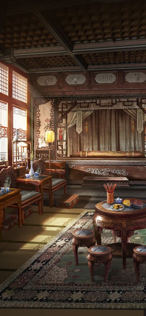 Ancient Chinese Interior, Ancient Chinese Architecture Interior, Chinese Room Traditional, Chinese Temple Interior, Japanese Mansion Traditional, Traditional Chinese Room, Ancient Chinese Room, Chinese Palace Interior, Traditional Chinese House Interior