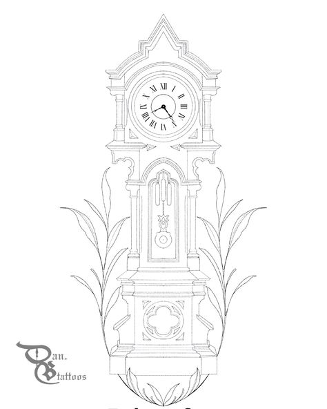 A tattoo design of an antique clock tower with vining leaves climbing up either side of the tower. #tattoo #tattootips #tattooinspo #tattooinspiration #tattoodesigns #tattooideas Clock Tower Tattoo Design, Grandfather Clock Tattoo Design, Antique Clock Tattoo, The Tower Tattoo, Clock Tower Tattoo, Grandfather Clock Drawing, Clock Tower Drawing, Stencil Outline Tattoo, Rose And Clock Tattoo