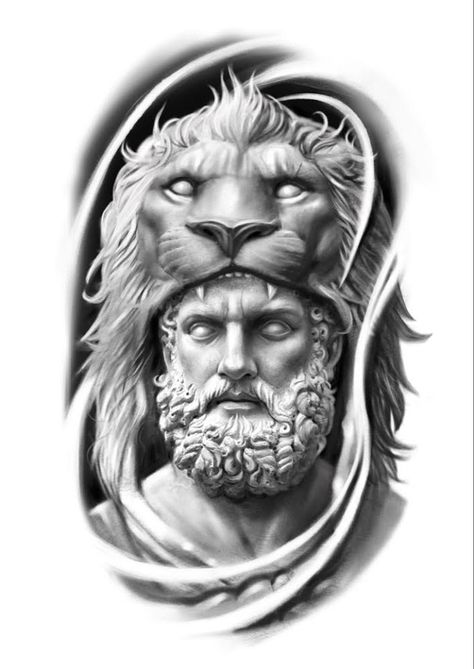 Hercules Tattoo, Roman Tattoo, Chicano Tattoos Sleeve, Spartan Tattoo, Statue Tattoo, Greek Mythology Tattoos, Men Tattoos Arm Sleeve, Lion Tattoo Design, Warrior Tattoos