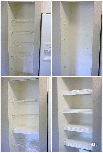 Smart! Rather than replace ugly wire shelves, just cover with painted wood Pantry Update, Remodel Closet, Floating Shelves Kitchen, Floating Shelves Bathroom, Wire Shelves, Remodel Diy, Wire Shelf, Diy Budget, Closet Remodel