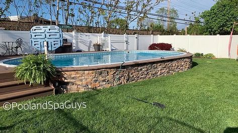 Pool & Spa Guys Semi-Inground Swimming Pools Pool Deck Privacy, Semi Inground Pool Deck, Deck Gardening, Farmhouse Pool, Deck Above Ground Pool, Semi Inground Pool, Small Inground Pool, Above Ground Pool Deck, Oval Pool