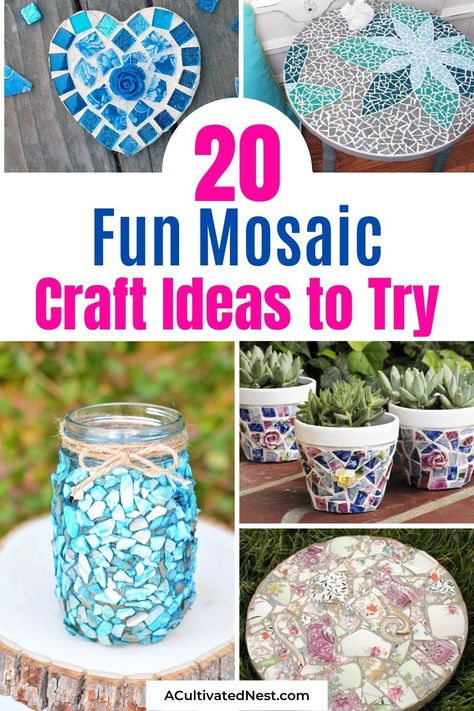 20 Fun Mosaic Craft Ideas- Mosaics DIYs are a fun way to make some really unique décor for you home. Get inspired with these fun mosaic craft ideas! | #mosaics #crafts #diyProjects #DIY #ACultivatedNest Diy Mosaic Projects, Mosaic Tiles Diy, Easy Mosaic, Design Garden Ideas, Mosaic Tiles Crafts, Mosaic Birdbath, Mosaic Tile Patterns, Mosaic Art Diy, Mosaic Rocks