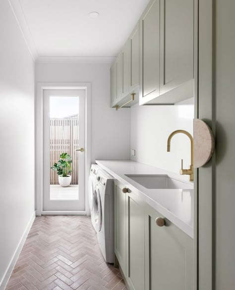 Sage Laundry Room Cabinets, Light Green Laundry Room, Sage Laundry Room, Sage Laundry, Laundry Designs, Utility Room Ideas, Green Laundry, Oak House, Basement Laundry Room