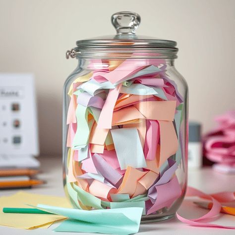 Try and put at least one note in the positivity jar a day. If you can do more than one a day, amazing! A positive thoughts jar could change your life! Positive Jar Ideas, Self Love Jar Ideas, Jar Of Positive Notes, Good Things Jar, Empty Glass Jars Ideas, Positivity Jar Ideas, Jar With Notes, Jar Of Positivity, Positive Jar