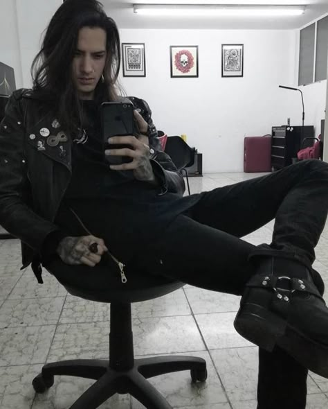 Long Haired Metalhead Guys, Goth Guys Aesthetic, Mens Fashion Long Hair, Goth Metalhead Guy, Emo Guys With Long Hair, Metal Head Fashion Men, Metalhead Clothes Man, Metalhead Style Men, Metal Heads Guys