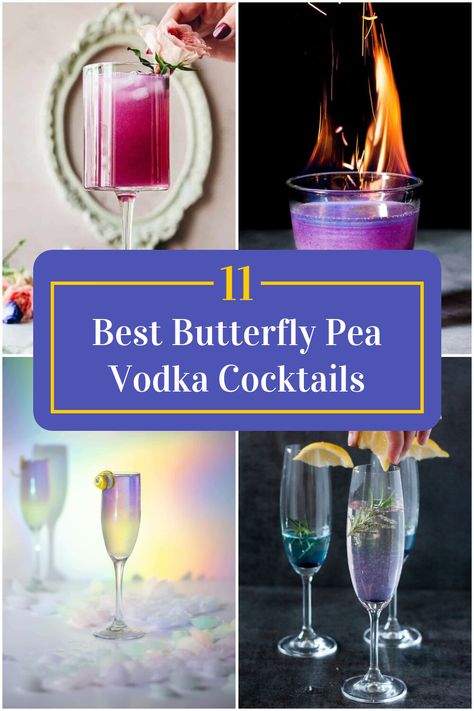 Collage of 4 butterfly pea vodka cocktails. Juice Punch, Celestial Birthday, Vodka Recipes Drinks, Movie Night Food, Butterfly Pea Tea, Butterfly Pea Flower Tea, Lemon Cocktail, Cocktail Names, Butterfly Tea