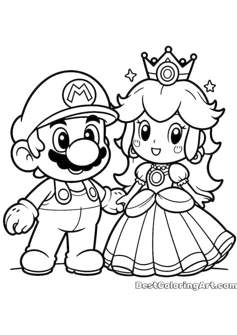 Mario and Princess Coloring Page - Mario Coloring Pages #coloring #coloringbook #bestcoloringart #coloringpage #coloringsheet Mario Colouring Sheet, Nintendo Coloring Pages, Mario Colouring, Princess Peach Coloring Page, Mario Coloring Sheets, Princess Peach And Mario, Super Mario Coloring, Paper Activities, Mario Coloring