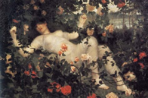 The Awokening of the Spirit of the Rose, William Stott of Oldham The Soul Of The Rose, Flowers And Women, Plot Lines, Dark Roses, Roses Painting, Aesthetic Rose, Paintings Of Women, Istoria Artei, Dark Paintings