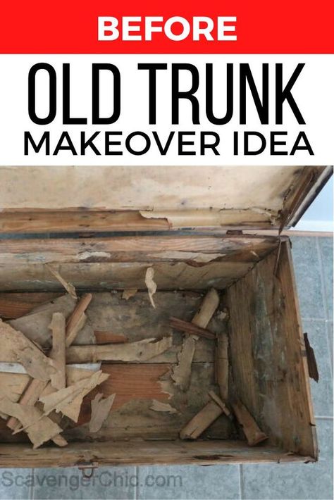 Old Trunk Makeover Ideas, Steamer Trunk Makeover, Diy Trunk, Trunk Redo, Antique Trunk Restoration, Trunk Makeover, Vintage Steamer Trunk, Chest Makeover, Antique Steamer Trunk