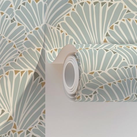 Ocean Shell Fan Art Deco in Soft Blue & Gold Wallpaper Coastal Wallpaper On Ceiling, Beach Wallpaper For Bathroom, Wallpaper Organic Modern, Coastal Wallpaper Accent Wall Bathroom, Light Wallpaper Bathroom, Powder Room Wallpaper Elegant Mid Century, Lake House Bathroom Wallpaper, Wallpaper Accent Wall In Bathroom, Beachy Bathroom Wallpaper