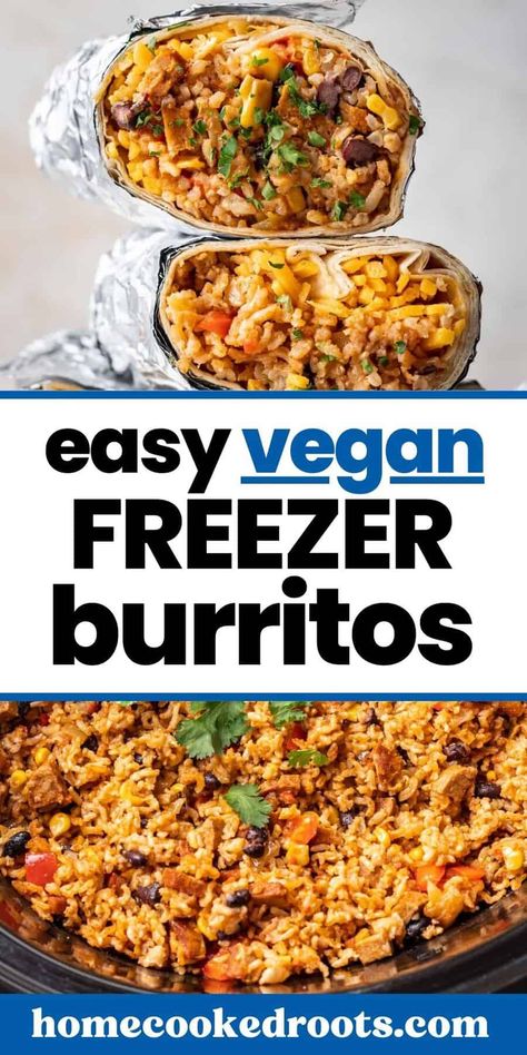 These Vegan Freezer Burritos are the best of all time! Made entirely in the crockpot with versatile ingredients. Roll in your favorite flour tortillas and freeze, or freeze the filling on it's own for homemade vegan burrito bowls! Vegan Breakfast Burrito Freezer, Dairy Free Burritos, How To Freeze Burritos, Vegan Freezer Burritos, Easy Vegan Freezer Meals, Breakfast Burritos Vegetarian, Fasting Meals, Vegan Burrito Bowl, Vegan Freezer Meals