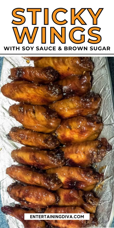 Sticky Chinese Chicken Wings, Crockpot Sticky Wings, Sticky Sauce Recipe, Sticky Sauce For Wings, Chinese Sticky Wings, Asian Chicken Wings In The Oven, Soy Sauce Wings, Sticky Sauce For Chicken, Sticky Wings Recipe Easy