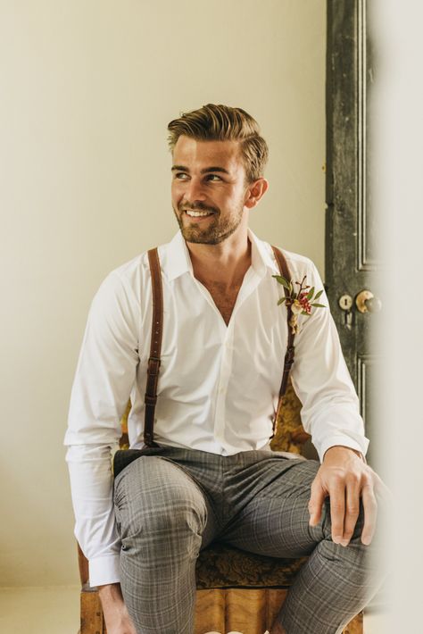 Groomsmen in White Shirt and Braces for South Africa Destination Wedding Wedding Suit Casual, Groomsmen In White, 1920s Men's Fashion, Outfit For Groom, Catherine Deane Bridal, Outdoor Wedding Summer, Groom Wedding Outfit, Rustic Wedding Groom, Casual Wedding Outfit