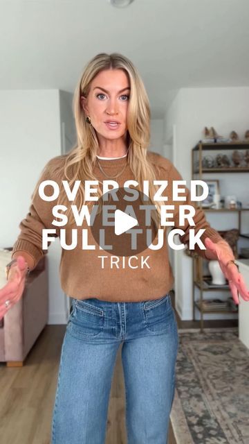 Leanne Barlow | Style Inspo on Instagram: "Comment LINK and I’ll DM you my outfit info! 

I love the look of a full tuck sweater in high rise jeans, but tucking it up into my bra isn’t always practical - here is a simple alternative to getting a full tuck without too much bulk in the front. 

MORE WAYS TO SHOP:

1️⃣ Leave a comment with the word LINK and I’ll send you an instagram direct message with the link
2️⃣ Find the links in my stories for 24 hours
3️⃣ Click the link in my bio
4️⃣ My DEC REELS highlight
5️⃣ Follow me in the @shop.LTK app - I’m @leannebarlow there

#outfitinspo #outfittip #fulltuck" Sweater Jean Outfit, Button Up With Sweater Outfit, Tuck A Sweater Into Jeans, How To Front Tuck A Sweater, How To Tuck A Sweater Into Jeans, How To Tuck A Sweater, How To Tuck In Oversized Sweater, Tucked In Sweater Outfit, Over Size Sweaters Outfit