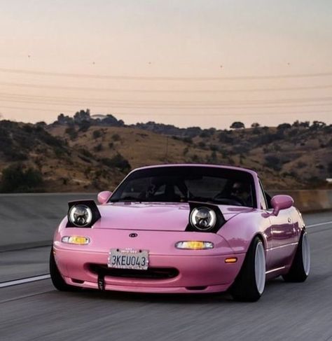 Hello Kitty Miata, Cute Miata, Pink Miata, Miata Car, Best Jdm Cars, Mazda Mx5 Miata, Miata Mx5, Yellow Car, Street Racing Cars