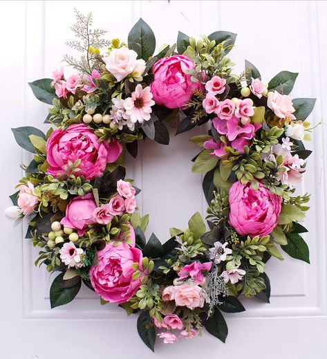 Artificial Flower Wreath, Wedding Window, Floral Door Wreaths, Outdoor Wreath, Window Wreath, Material Wreaths, Front Doors With Windows, Peony Pink, Pretty Wreath