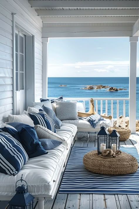 Beach House Porch, Bedroom Decor Design Ideas, Vintage Apartment Decor, Cozy Patios, Blue Beach House, Coastal Bedroom Decor, Coastal Patio, Vintage Apartment, Coastal Bedroom Decorating