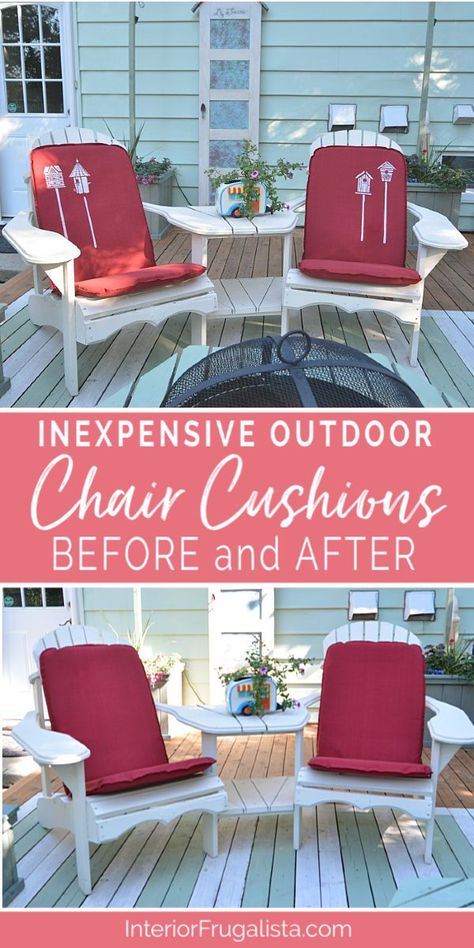 How to turn inexpensive outdoor chair cushions from drab to fab with one-of-a-kind charm on a budget in less than ten minutes. A budget-friendly outdoor furniture idea by Interior Frugalista #outdoorcushioncovers #patiochaircushions #patiofurnituremakeover #outdoordiyprojects #outdoordecor Outdoor Chair Cushion Covers, Before And After Home Decor, Outdoor Furniture Makeover, Birdhouse Decor, Pallet Patio Furniture Diy, Upcycled Thrift, Patio Furniture Makeover, Vintage Jewelry Boxes, Upcycled Home