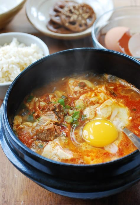 Soup Aesthetic Korean, Korean Sundubu Jjigae, Korean Silken Tofu, Sundubu Jjigae Recipe, Sundubu Jjigae, Soft Tofu Stew, Soondubu Jjigae, Jjigae Recipe, Kimchi Food