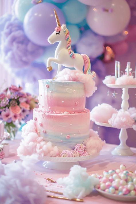 cute Unicorn birthday cake pink and blue Unicorn 6 Birthday Party, Cloud 9 Cake Ideas, Cloud 9 Birthday Cake, On Cloud 9 Cake, Unicorn Theme Cake, Unicorn Cake Design, Unicorn Birthday Theme, Unicorn Birthday Party Cake, Kids Unicorn Party