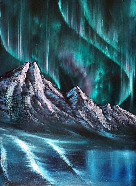 Chalk Northern Lights, Northern Lights Mountains Painting, Northern Lights Mural, Oil Pastel Northern Lights, Northern Lights Art Lesson, Aurora Painting, Northern Lights Tattoo, Aurora Borealis Painting, Winter Mountain Landscape