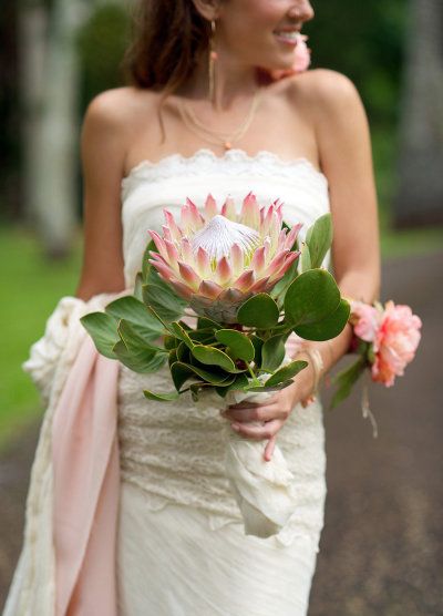 Protea Bouquet Wedding, Real Wedding Flowers, Sara Donaldson, Tropical Wedding Bouquets, Protea Wedding, Protea Bouquet, Flower Boquet, Safari Wedding, Hawaii Weddings