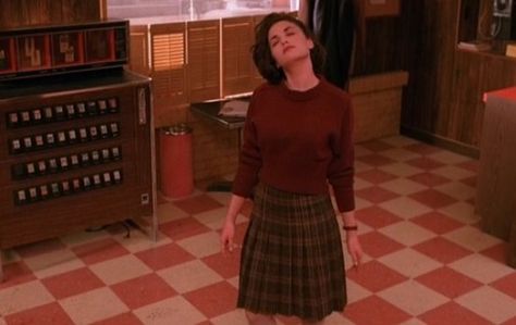 Audrey Horne wearing a red sweater and brown plaid skirt Audrey Twin Peaks, Twin Peaks Aesthetic, Twin Peaks Fashion, Twin Peaks 1990, Audrey Horne, Sherilyn Fenn, Dale Cooper, The Wombats, Fire Walk With Me