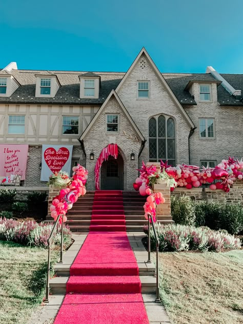 Tri delta bid day theme 2021, hearts, valentines, party decorations Valentines Day Bid Day Theme, Heart Sorority Theme, Heart Bid Day Theme, Pink Bid Day Theme, Valentines Bid Day, Bid Day Decorations, Bid Day Decor, Zta Philanthropy, Tri Delta Bid Day