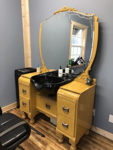 I’m so happy with the way this old dresser turned out.  It works great for my shampoo station. All In One Salon Station, Hair Dresser Station Ideas, Salon Shampoo Station Ideas, Hair Salon Sink Station, Hairdresser Station Ideas, Vintage Hair Salons Ideas, Small Salon Wash Station Ideas, At Home Hair Washing Station, Dresser Salon Station