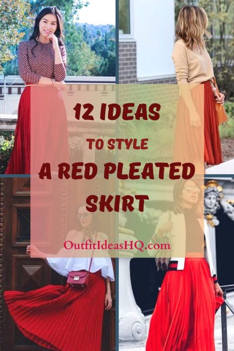 Red pleated skirts are one clothing item that looks great, feels comfortable and is quite simple to pull off. You can pair a red pleated skirt with boots and sweaters during winter, while in summer – sandals or pumps with t-shirts or button down shirts are viable options as well. Pleated Skirt Style Ideas, Style A Red Skirt, Button Down Shirt With Pleated Skirt, Red Christmas Skirt Outfit, Red Flowy Skirt Outfit, Long Skirt Holiday Outfits, Red Skirt Outfit Casual, Red And White Outfits For Women, Pleated Red Skirt Outfit