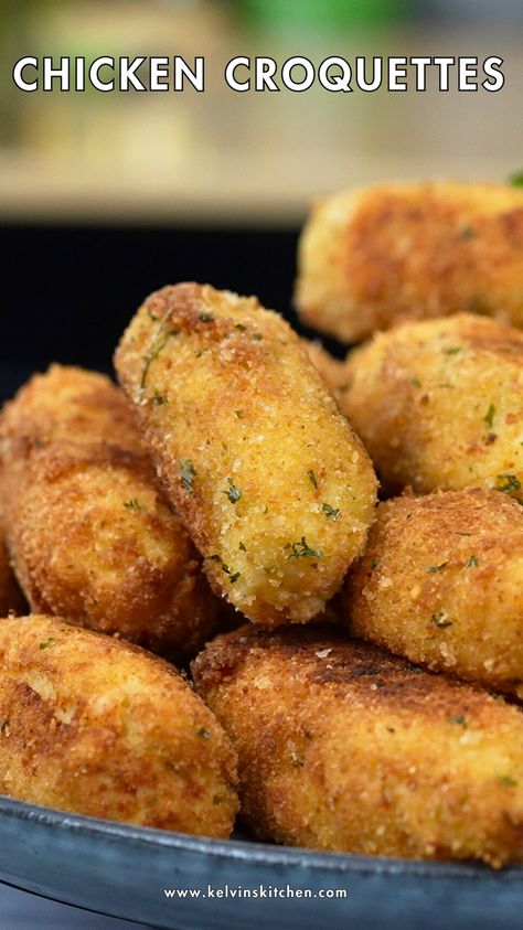 Welcome to Kelvin's Kitchen! Today, we're whipping up the ultimate homemade chicken croquettes that are crispy on the outside and creamy on the inside. Follow along as we take you step-by-step through this delicious recipe, perfect for any occasion.                  #croquettes #chickenrecipe #appetizerrecipe #easydinner #comfortfood #partyfood #fingerfood #kidfriendly #familydinner Dutch Kroketten Recipe, Chicken Croquettes Recipe Easy, Chicken Croquettes Easy, Chicken Croquets, Turkey Croquettes Recipes, Baked Croquettes, Baked Chicken Croquettes, Kroketten Recipe, Mini Foods For Party