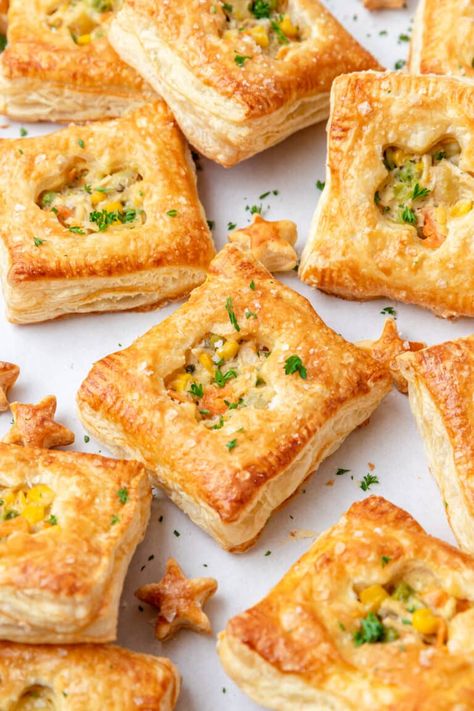 These mini chicken pot pies with puff pastry are a like my classic chicken pot pie but in hand pie form! They have a crispy, flaky puff pastry stuffed with a creamy filling of fresh vegetables and tender chicken! They're the perfect single serving savory appetizer. Mini Pastries Savory, Chicken Pot Pie Appetizers, Mini Chicken Pies, Monte Cristo Puff Pastry, Chicken With Puff Pastry Recipes, Puff Pastry Chicken Pie, Shortcrust Pastry Recipes Savoury, Christmas Breakfast Pastries, Puff Pastry With Chicken