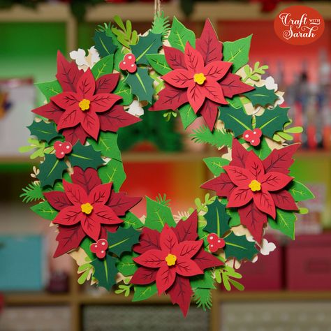 paper craft 3d Christmas Wreath, Felt Paper Christmas Decor, Christmas Wreaths Paper, Paper Advent Wreath, Paper Christmas Flowers, Paper Wreath Diy Christmas, Christmas Paper Wreath, Diy Paper Wreath, Paper Diy Christmas