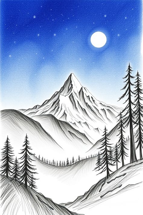 Check Out This Mountain Landscape Drawing & 12+ Other Brain Drawing Ideas! #drawing #drawinginspiration Mountains Drawing Simple, Mountain Pencil Drawing, Mountain Drawing Simple, Sunset Drawing Easy, Mountain Landscape Drawing, Drawing Cup, Mountains Drawing, Mountain Sketch, Geometric Shapes Drawing