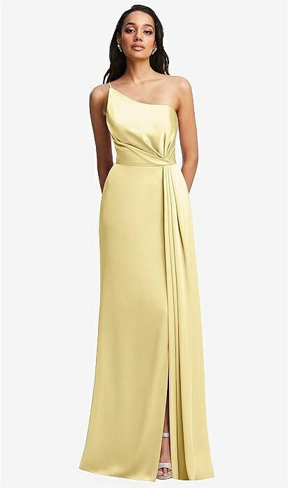 One-shoulder Draped Skirt Satin Trumpet Bridesmaid Dress In Pale Yellow | The Dessy Group Light Yellow Satin Dress, Pale Yellow Satin Bridesmaid Dresses, Pale Yellow Dress Formal, Pale Yellow Satin Dress, Satin Yellow Dress, Bridesmaid Dresses Yellow, Light Yellow Dress, Pale Yellow Dress, Pastel Yellow Bridesmaid Dresses