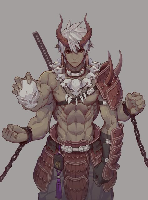 Four Arms Character Design Male, Male Oni Character Art, Shoulder Armor Design, Demon Character Design Male, Male Demon Oc, Oni Character Design Male, Oni Character, Male Earrings, Holding Skull