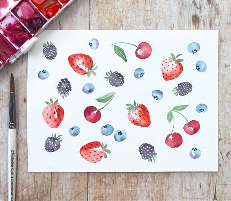 Learn to paint simple loose watercolour summer berries and how to create a perfect pattern with my new tutorial. Click the link to watch! #watercolor #fruit #berries #painting #pattern Basic Pattern Making, Strawberry Watercolor, Watercolor Food, Basic Pattern, Watercolor Fruit, Summer Painting, Simple Summer, Keramik Design, Watercolor Paintings Easy