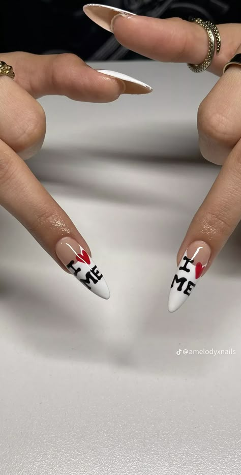 I Heart Me Nails Design, Chrome Hearts Nails White, I Heart Me Nails, Vanilla Chrome Heart Tips, Acrylic Nails Chrome Hearts, I Love Me Nails, Chrome Hearts Nails, Chrome Hearts Nail Ring, French Stiletto Nails