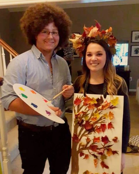 Bob Ross And Canvas Costume, Bob Ross Happy Tree Costume, Bob Ross And Painting Costume, Bob Ross Couple Costume, Bob Ross Halloween Costume, Spirit Week Costumes, Bob Ross Costume, Bob Ross Happy Trees, Halloween Couples Costume