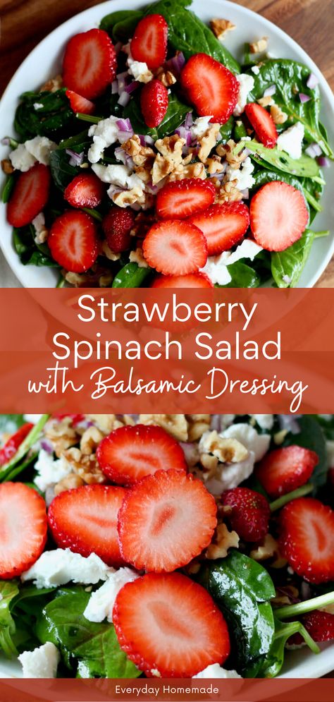 Try this easy Strawberry Spinach Salad with Balsamic Dressing for a simple spring or summer salad. Packed with fresh strawberries, goat cheese, and walnuts, it's a delicious spinach strawberry salad perfect for any occasion, like Easter dinner or brunch. Whip it up in just 10 minutes for a homemade fresh strawberry recipe that's sure to impress! Strawberry Spinach Salad With Balsamic, Spinach Salad Recipes Easy, Goat Cheese Salad Dressing, Spinach Goat Cheese Salad, Strawberry Walnut Salad, Strawberry Salad Dressing, Strawberry Goat Cheese, Spinach Salad Dressing, Salad With Balsamic Vinaigrette