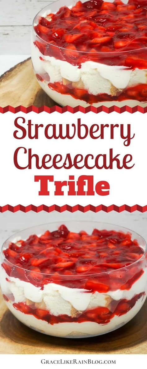 Desserts With Strawberry Glaze, Angle Food Cake Strawberry Trifle, Angel Food Cake Trifle Cool Whip, Trifle With Angel Food Cake, Angel Food Desserts, Strawberry Cheesecake Trifle Recipe, Strawberry Cheesecake Trifle, Angel Food Cake Trifle, Trifle Bowl Recipes