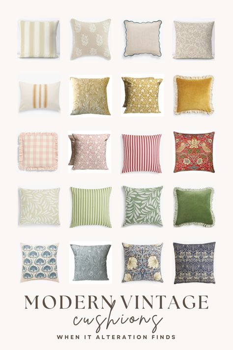 My pick of the best modern vintage cushions with muted pastels, pops of primary colour, classic textile designs, scallops, ruffles and stripes. Muted Pastels, Modern Vintage Home Decor, Grand Millennial Style, Vintage Colour Palette, Chair & Sofa Cushions, Grand Millennial, Modern Vintage Decor, English Cottage Style, Vintage Cushions